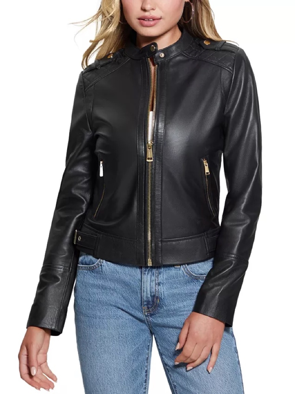 GUESS Genuine Leather Quilted Shoulder Moto Jacket Black Size S (Gold Zippers)